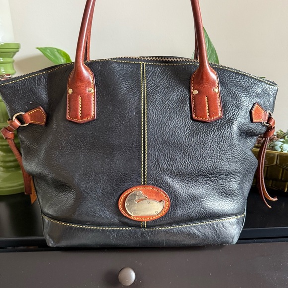 DOONEY & BOURKE Champosa Black Brown Pebbled Leather Satchel Handbag XL - Picture 2 of 13